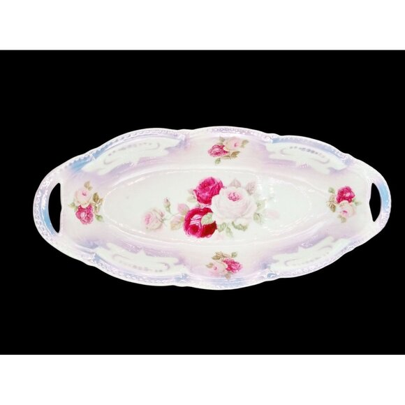 Lusterware Relish Tray Handles Rose Floral Porcelain Dish Vintage German 9.5" - Picture 1 of 15